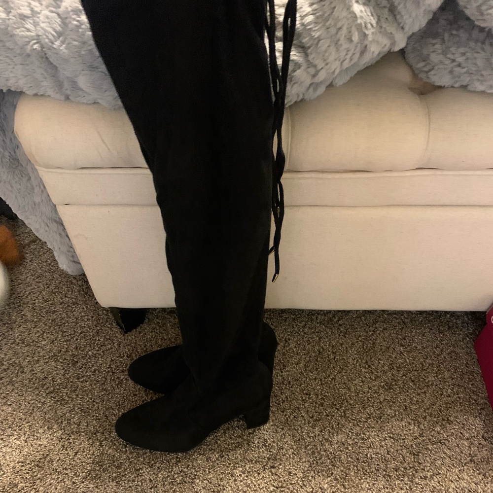 Black suede thigh high boots